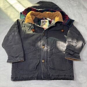 Jonathan Stone Kids Plaid Lined Hooded Coat Jacket Size 5 Charcoal Corduroy Trim